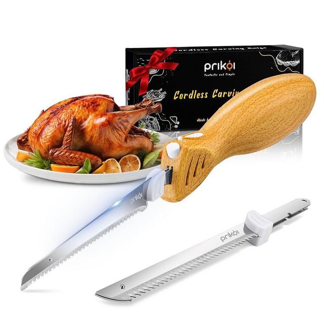 Prikoi Cordless Electric Knife, Easy-Slice Serrated Edge Blades Carving Sets for Turkey, Bread, Fillet, DIY, Ergonomic Handle + 2 Blades New Upgrade