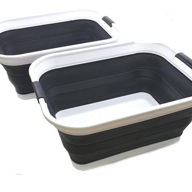 SAMMART 42L(11 gallon) Set of 2 Collapsible Plastic Laundry Basket-Foldable Pop Up Storage Container-Portable Washing Tub-Space Saving,Water capacity 34L(9 gallon) (2 rectangular - strengthen, black)