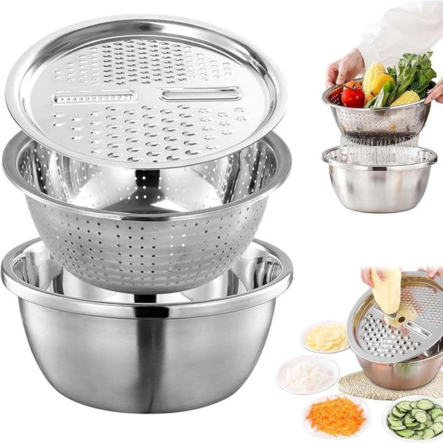 Germany Multifunctional Stainless Steel Basin,Multifunction Stainless Steel Basin with Grater 3 in 1 Vegetable Cutter for Kitchen, Vegetable Slicer Grater Strainer and Drain Basket(10.2)