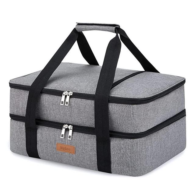Ingkee Insulated Casserole Carrier Double Decker Thermal Tote Bag for Hot or Cold Food Transport Potluck Parties Picnic Cookouts Fits 9"x13" Baking Dish, Grey Double Compartment