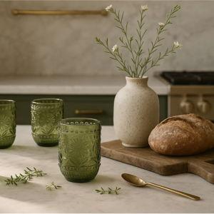 Petra Embossed Drinking Glasses, Green, Set of 4