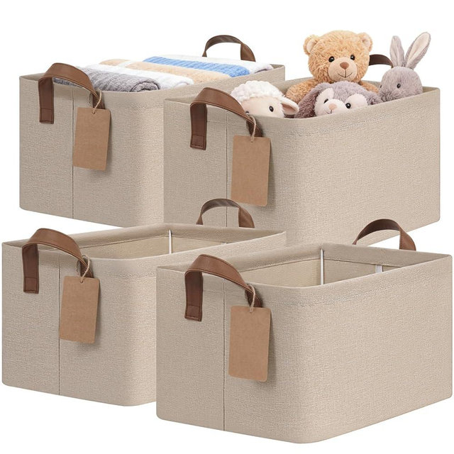 CHICVITA 4 Pack Storage Baskets for Shelves, Foldable Closet Organizer Bins with Handles, Toy Storage Basket for Nursery Living Room, 14.8" x 10.3" x 8.3", Brown