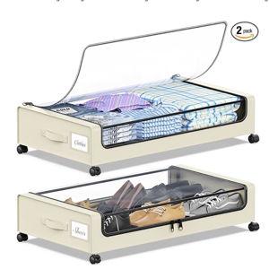 Under Bed Storage with Wheels, Under the Bed Storage Containers with Clear Lids & Label, Underbed Storage Bins, XXL 60L Rolling Metal Drawer for Clothes, Shoes, Toys, Books (Beige)