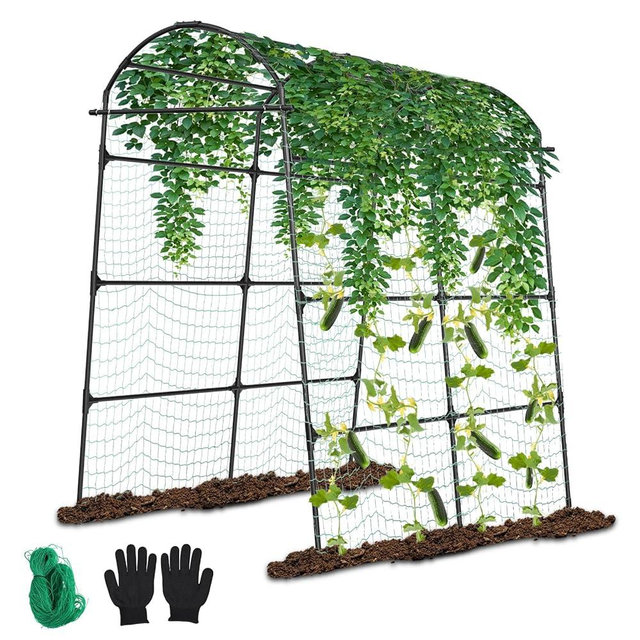 Garden Trellis Arch for Climbing Plants Outdoor - 84 x 72 Inch Cucumber Garden Arch Trellis with Netting Large Mental for Archway Walkway, Arbor Flower Vegetables Plants, Yard Lawn