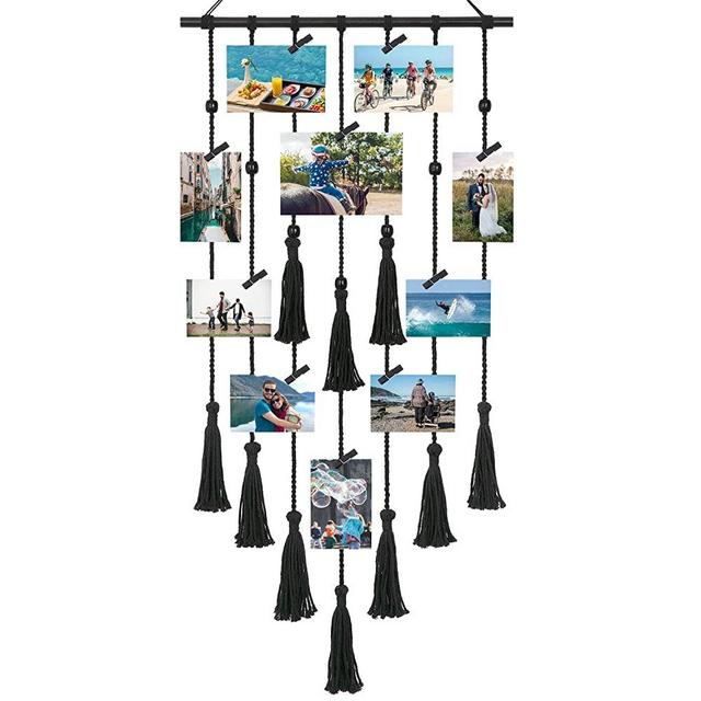 Mkono Hanging Photo Display Macrame Wall Hanging Pictures Organizer Boho Home Office Decor Wall Art Teen Girl Room Decor, with 30 Wood Clips, Gift for Christmas Birthday Holiday Party, Black