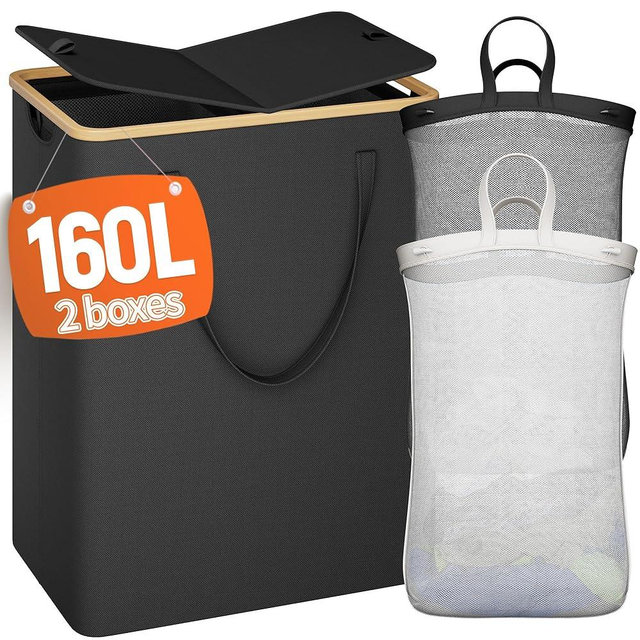 160L Double Laundry Hamper with Lid 2 Section, Large Bamboo Laundry Basket with 2 Removable Bags, Clothes Hampers for Laundry for Bedroom, Bathroom, Dorm, Laundry Room, Black