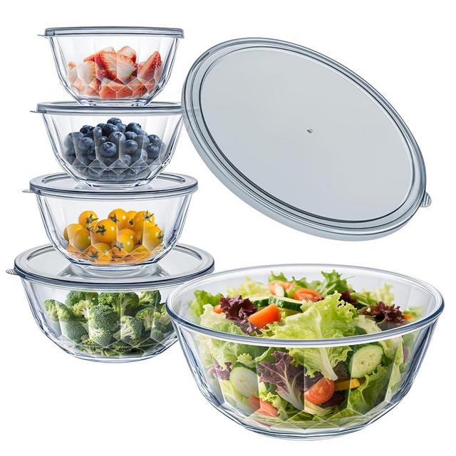WhiteRhino Glass Mixing Bowls with Lids Set of 5（4.70QT,2.85QT, 1.69QT,1.11QT,0.85QT,Glass Bowls with Lids,Large Salad Bowls Space-Saving Nesting for Cooking,Baking,Prepping,Dishwasher Safe