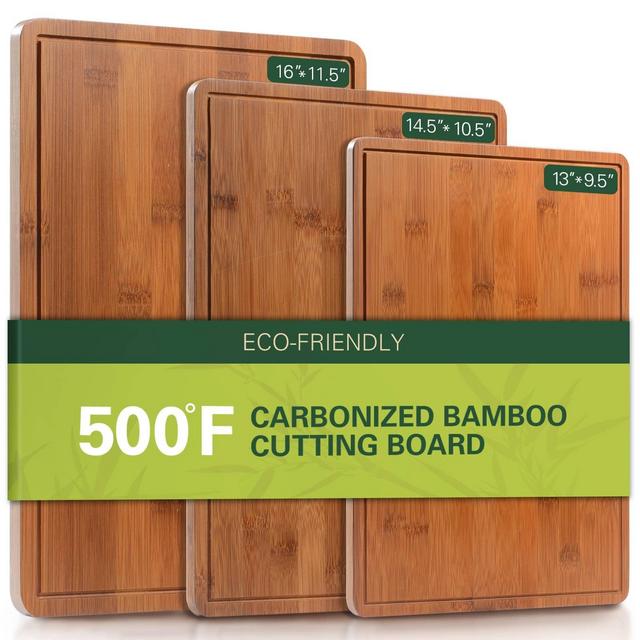 Carbonized Bamboo Cutting Boards, Durable Wood Cutting Board with Juice Grooves and Handles, Solid Charcuterie Board for Meal Prep & Serving, 3 Sets