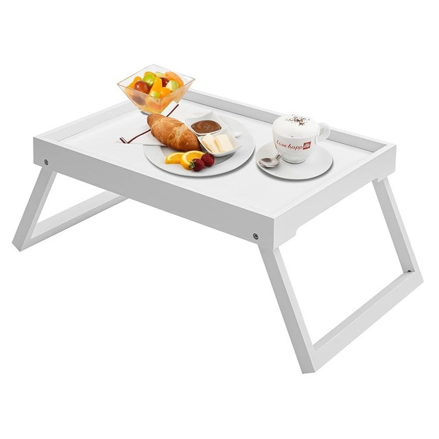 Kaukinye Bamboo Bed Tray Table with Foldable Legs, Breakfast Tray, Laptop Desk for Bed or Sofa,Food,Dinner,Serving,TV Table,Kitchen,Eating,Working (White)