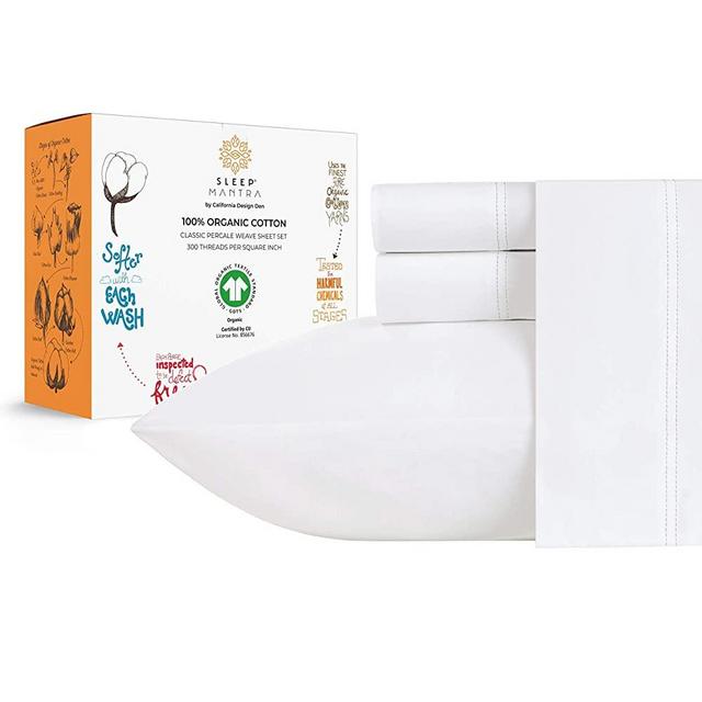 100% Organic Cotton Sheets - Crisp and Cooling Percale Weave, GOTS Certified 4 Piece Bedding Set, Deep Pocket with All-Around Elastic (Queen, Pure White)
