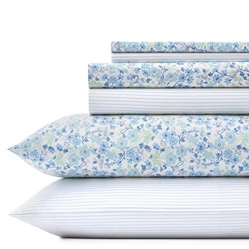 Laura Ashley Home Ticking Stripe Ultra Soft | 6-Piece Percale Weave Sheet Set-100% Cotton Bedding-Cool, Crisp, and Breathable, Queen, Jaynie Winter Green