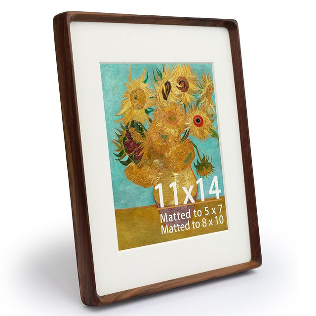 Zelvix Natural Wood 11x14 Picture Frame, Display 5x7 or 8x10 Picture with Mat or 11x14 Without Mat, Solid Walnut Wood Photo Frame with Plexiglass, Tabletop and Wall Hanging