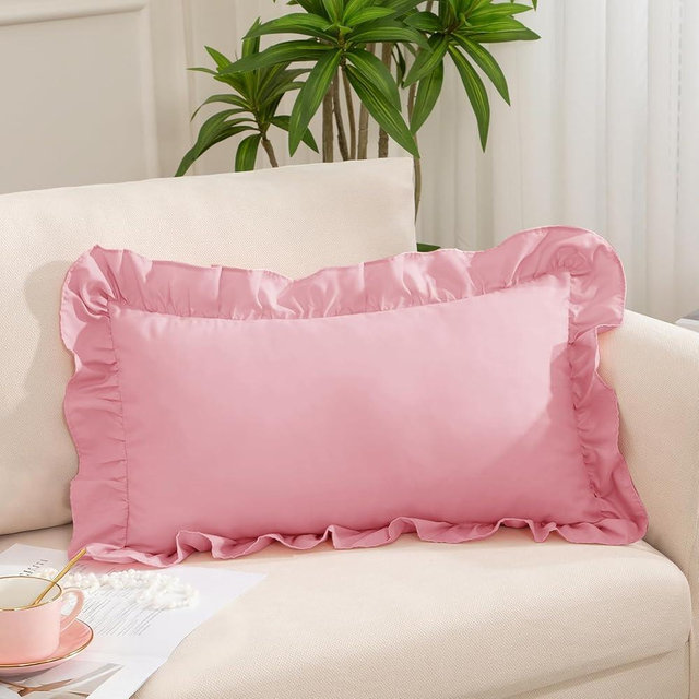 Yvrcen Pink Ruffle Lumbar Pillow Cover 12x20 Inch, Ruffled Cushion Case Covers for Couch Sofa Bed Living Room, Decorative Farmhouse Throw Pillow Cover, Pack of 1