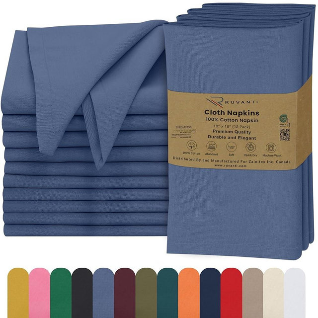 Ruvanti Cloth Napkins Set of 12, 18x18 Inches, 100% Cotton, Washable, Soft & Absorbent, Perfect for Wedding, Christmas, ‎Thanksgiving Dinners - Bijou Blue