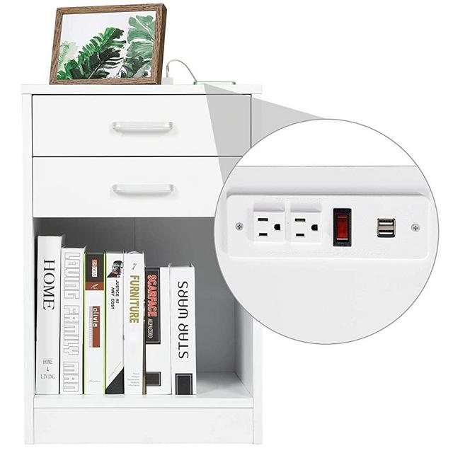 ADORNEVE White Nightstand with USB Port for Bedroom End Table Side Table Wooden Sofa Side Storage Stand Cabinet,with Sliding Drawer and Shelf