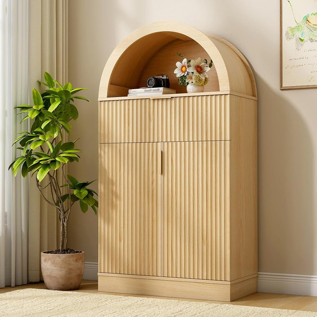 wanan Arched Storage Cabinet with Door and Adjustable Shelve, Small Fluted Cabinet with 1 Large Drawer, Accent Cabinet with Anti-Tip Design for Bathroom, Living Room, Bedroom, Natural Oak