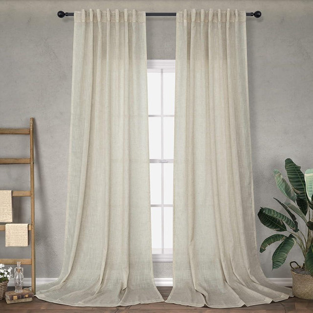 Back Tab Linen Curtains for Living Room 2 Panel Rod Pocket Breathable Light Diffusing Lightweight Flowing Semi Sheer Tan Beige Curtain for Bedroom Office Sunroom Bay Retro Cottagecore Home Decor 52x90