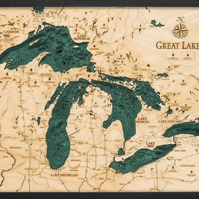 Great Lakes Wood Carved Topographical Depth Chart / Map