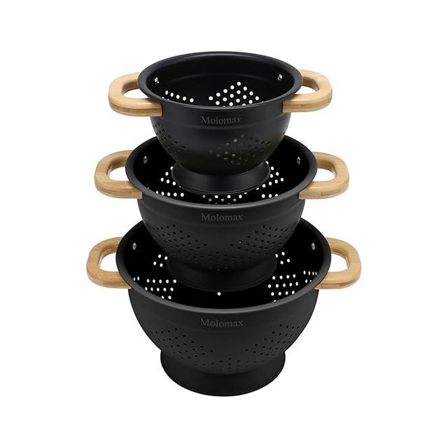Molomax Metal Colander with Wood Handles - Set of 3 - Black