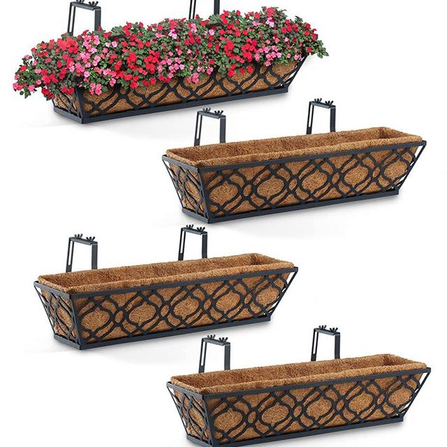 2B-GARDEN 24'' Window Deck Railing Planter Boxes with Coconut Liner (Pack 4), Window Basket Deck Railing Planter Boxes Metal Hanging Flower Planter for Outdoor Garden Fence Lawn