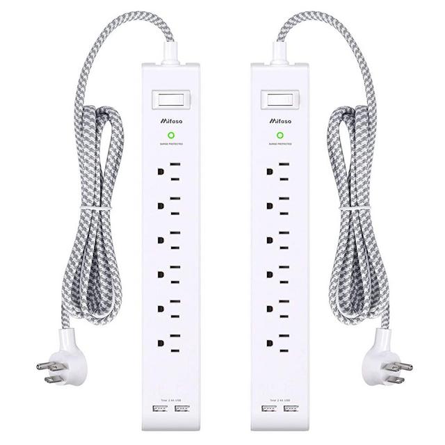 2 Pack Power Strip - 12FT Long Extension Cord, Surge Protector with 6 Outlets and 2 USB Charging Ports, Flat Plug Overload Protection, (1625W/13A/900J), Wall Mount for Home Office and Dorm, ETL Listed