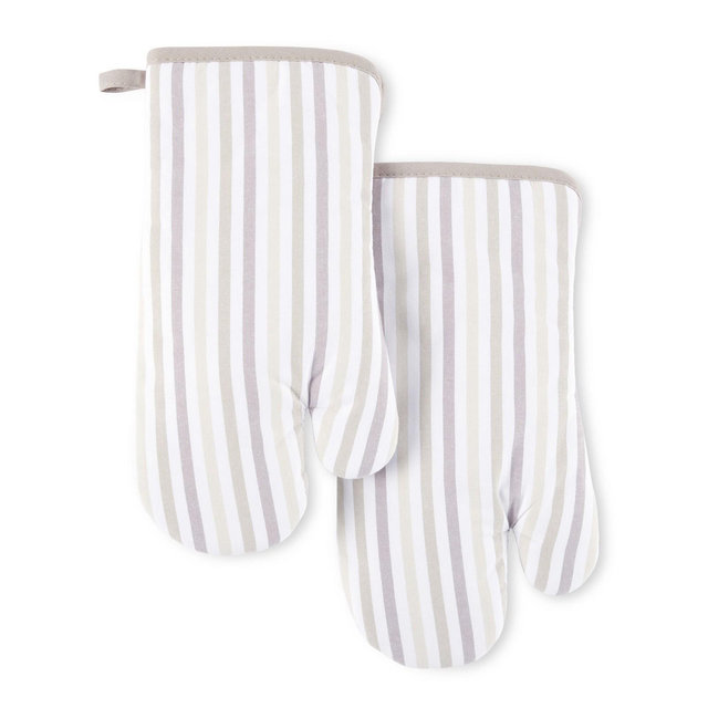 MARTHA STEWART Daisy Stripe Oven Mitt Set 2-Pack, Beige/Brown, 7"x13"
