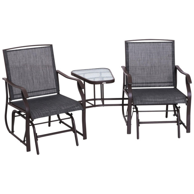 Outsunny Outdoor Glider Chairs with Coffee Table, Patio 2-Seat Rocking Chair Swing Loveseat with Breathable Sling, Gray