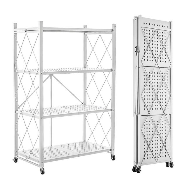 Our Modern Space 4-Tier Foldable Storage Shelf with Wheels | Metal Rack Collapsible Shelving Display | Rolling Cart for Books Kitchen Storage Shelves | Pantry & Closet Organizer | Office Room Decor