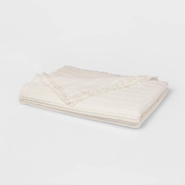 60"x80" Waffle Weave Fringed Bed Throw Ivory - Threshold™