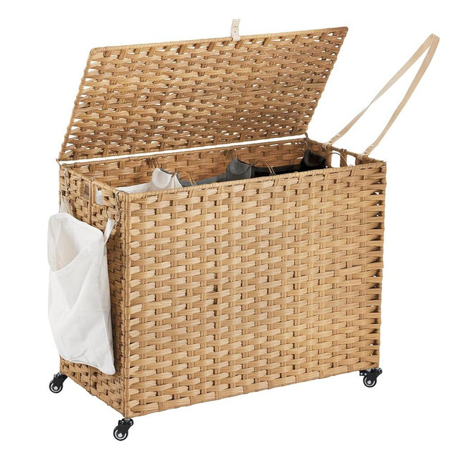Laundry Hamper with Wheels, 52.8 Gallon(200L) Rolling Laundry Basket with Lid, Removable Large 3 Color Liners & 3 Mesh Laundry Bags, Clothes Hamper with Side Pocket, Natural