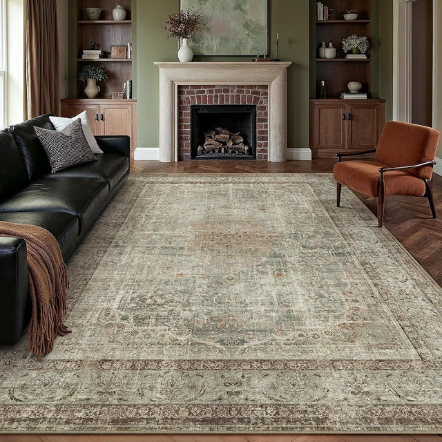 PureCozy Sage Area Rug 8x10 for Living Room Washable Vintage Carpet Low Pile Non Slip Distressed Soft Traditional Retro Oriental Large Accent Throw Rug Office Bedroom Dining Room Playroom