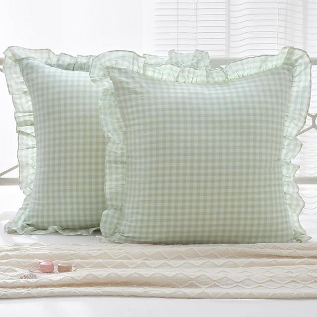 K MASANIJI 2 Pack Pile Green White Plaid Ruffle Gingham Euro Shams Pillow Covers 26x26 inches, 100% Cotton Checkered Farmhouse Pillowcases for Bed/Sofa (26x26 inches, Pile Green/White Plaid)