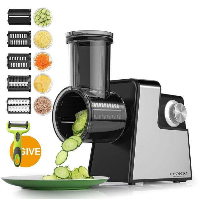 FYONIO Electric Cheese Grater for Block Cheese, Upgraded 350W Salad Maker & Vegetable Cutter, 5 Stainless Steel Blades, One-Button Control Electric Slicer Shredder for Potatoes, Carrots, Nuts, More