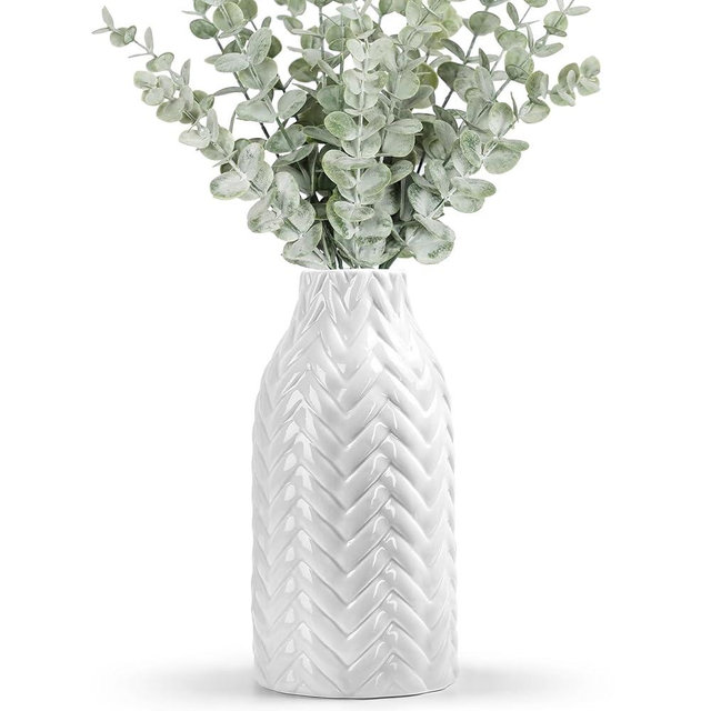 Kint Ceramic Flower Vases for Bouquet Pampas Grass, 8" H Cute White Boho Decorative Vase for Table Centerpieces, Living Room Shelf Knick Knacks Home Decor