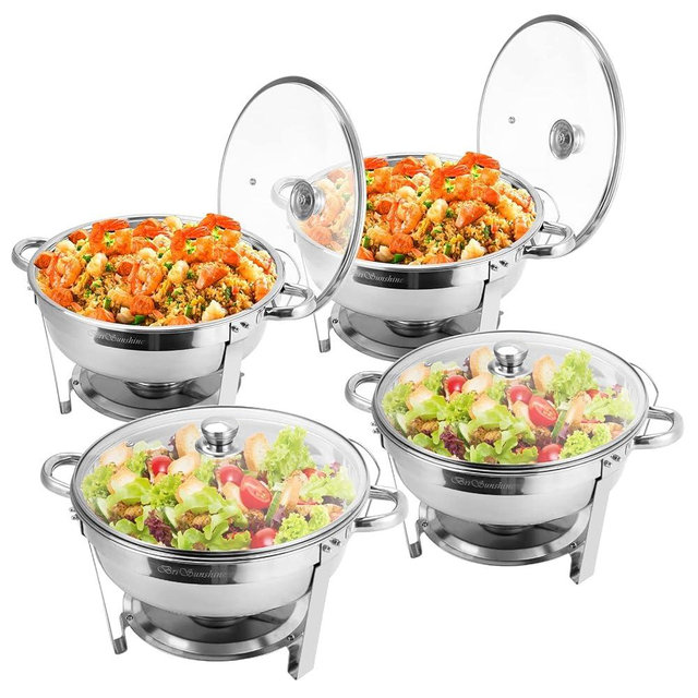 BriSunshine Chafing Dish Buffet Set 4 Packs, 5 QT Stainless Steel Round Chafing Dishes with Glass Lid & Lid Holder, Food Warmer for Parties Buffet Weddings Catering Events