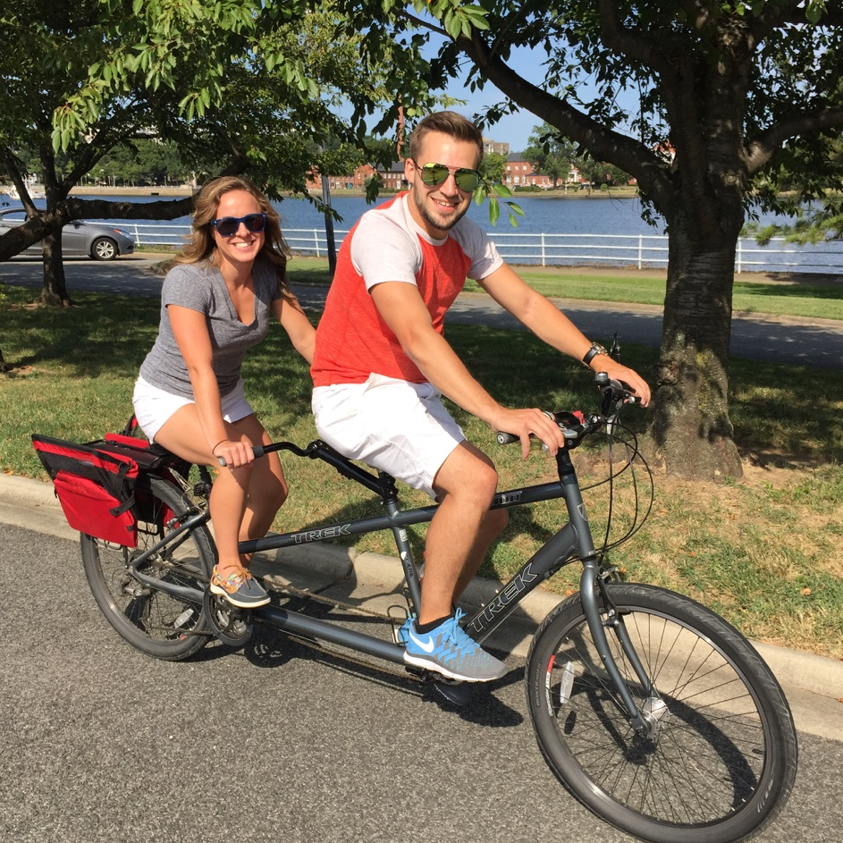 While visiting Travis' Aunt Susan and Uncle Joe in Washington, D.C., a few months after we started dating, we mastered the tandem bike (even though Katlyn had a torn hamstring)!