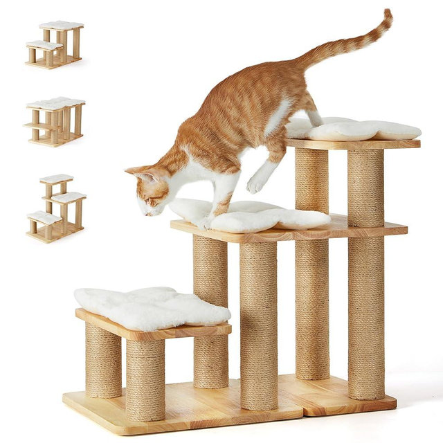 FUKUMARU Dog Stairs, Solid Wood Pet Stairs with Cat Scratching Post, Transformable Cat Ramp Can Hold Up to 200 lbs, 20 Inch Pet Steps for Dogs and Cats to Climb High Bed and Couch, Over 6 Combinations