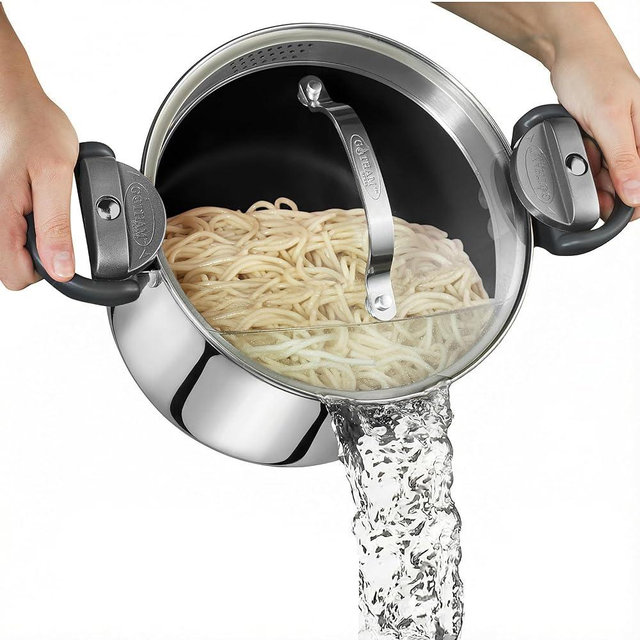 GOTHAM STEEL 5 Qt Stainless Steel Stock Pot Multipurpose Pasta Pot with Strainer Lid & Twist and Lock Handles, for Soup, Spaghetti, Rice, Induction Ready, Dishwasher Safe