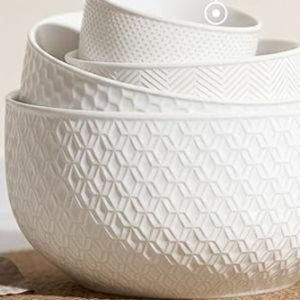 KooK Ceramic Mixing Bowls, Nesting Set of 4, Embossed Kitchen Dishware, Prep, Serving, Gift, Microwave and Dishwasher Safe, 20/44/98/145 oz, Narbonne Collection (Marshmallow)