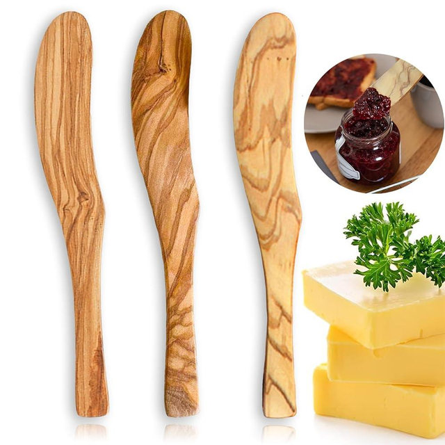 Olive Wooden Butter Knife Spreader, Handmade 6.8 Inch Peanut Butter Knives for Jam, Cheese, Cream, Bread Sandwich Spreaders, Mini Spreader Serving Utensil Set for Breakfast Picnic (3PCS Butter Knives)
