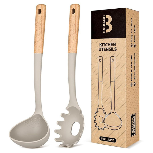 Pasta Fork and Ladle Set, Perfect for Serving Hot Soup, Stirring, and Sauce Pasta, BPA-Free Matte Silicone, Wood Handle Spaghetti Spoon for Nonstick Cooking Surfaces (Khaki)