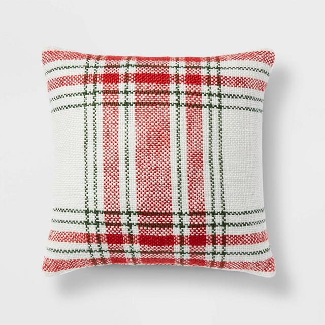 24"x24" Christmas Woven Plaid Euro Decorative Throw Pillow Cream/Red/Green - Threshold™