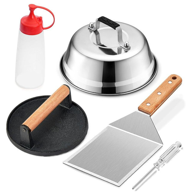 Griddle Accessories Smash Burger Kit (5Pcs), Joyfair Grill Spatula with 9in Melting Dome & Bacon Press Set, Stainless Steel Turner, Basting Cover, Cast Iron Press for Outdoor BBQ (Wooden Handle)