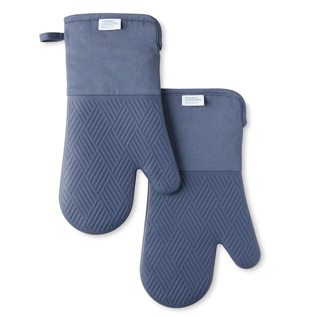 TOWN & COUNTRY BASICS Basketweave Soft Silicone Oven Mitt 2-Pack Set, Heat Resistant up to 500F, Flexible Silicone, Non-Slip Grip, Blue, 7.5"x13"