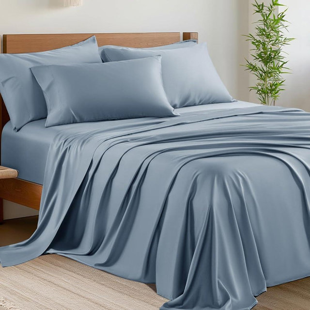 Shilucheng 6 Piece Queen Sheet Sets, Cooling Sheets, Blend Rayon Derived from Bamboo, Deep Pocket Up to 16", Breathable & Soft Bed Sheets, Hotel Silky Bedding Set, French Blue