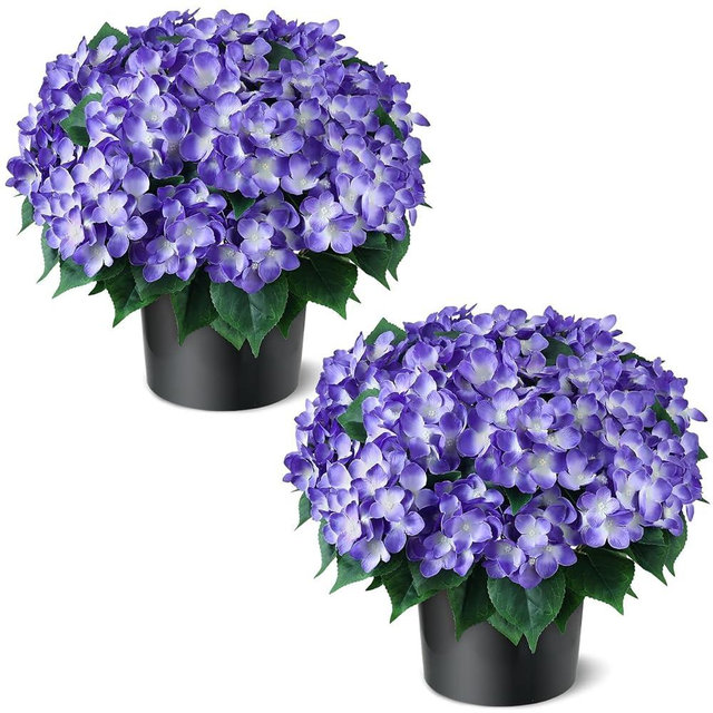 FOTEEWL Artificial Hydrangea Flower Topiary Trees - 2 Sets Faux Silk Flower Potted Plant, UV Resistant Fake Outdoor Hydrangea Bush for Front Door, Farmhouse, Garden, Porch Decor (Purple)