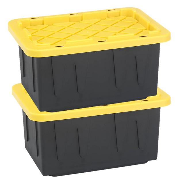 Homz 15-Gallon Durabilt Plastic Stackable Storage Organizer Container w/Snap Lid and Hasps for Tie-Down Straps or Locks, Black/Yellow
