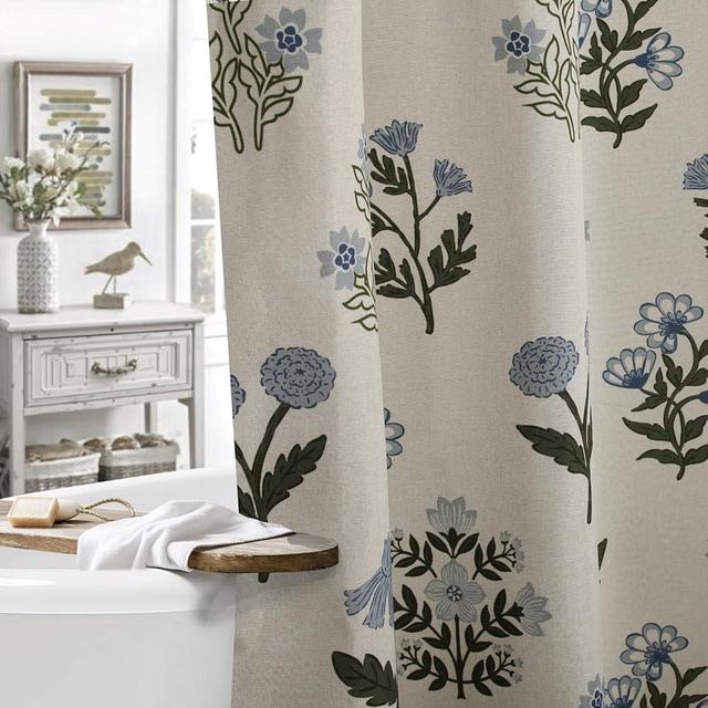 Abstract Vintage Floral Linen Shower Curtain - Neutral Traditional Floral Block Print Pattern in Blue and Green,Botanical Boho Shower Curtain Set for Rustic Farmhouse Frenchy Bathroom Decor 72x72 Inch