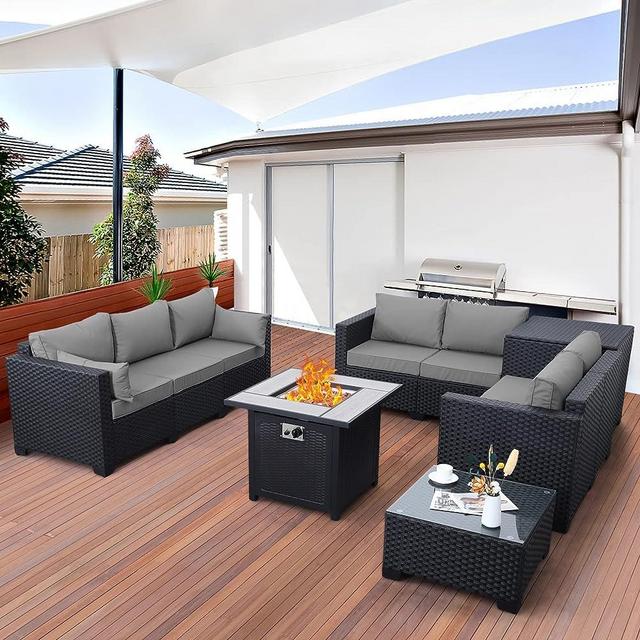 Rattaner 6 PCS Patio Furniture Set Fire Table Outdoor Furniture Sets Gas Fire Pit with Outdoor Storage Box Glass Coffee Table and Waterproof Covers Anti-Slip Grey Cushions