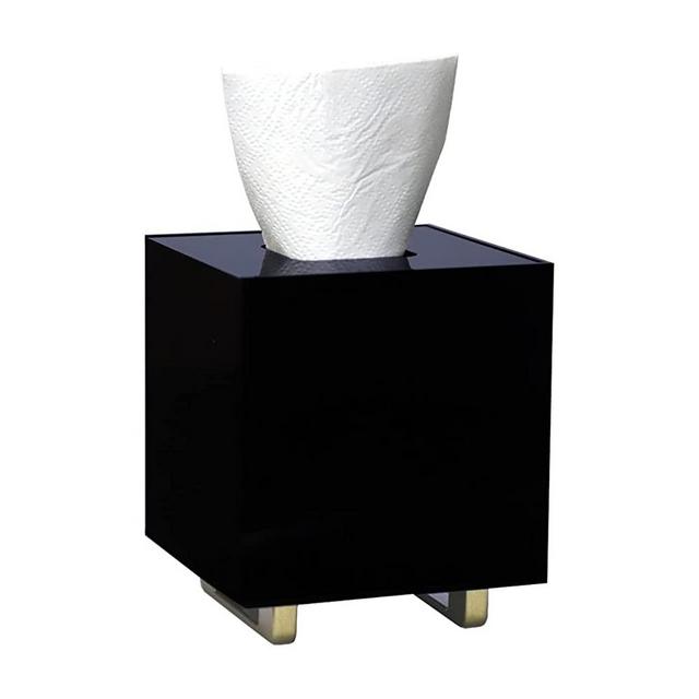 YoBa 3mm Thick Black Acrylic Tissue Box Holder Square Tissue Box Dispenser with Gold Plated Aluminum Legs for Bathroom, Kitchen, Bedroom, Office and Restaurant
